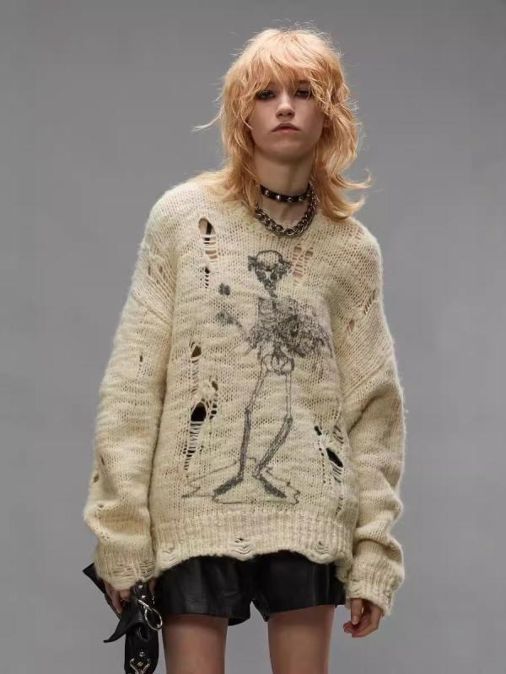 NWT $895 R13 Distressed Graphic Embroidered Sweater In Cream
